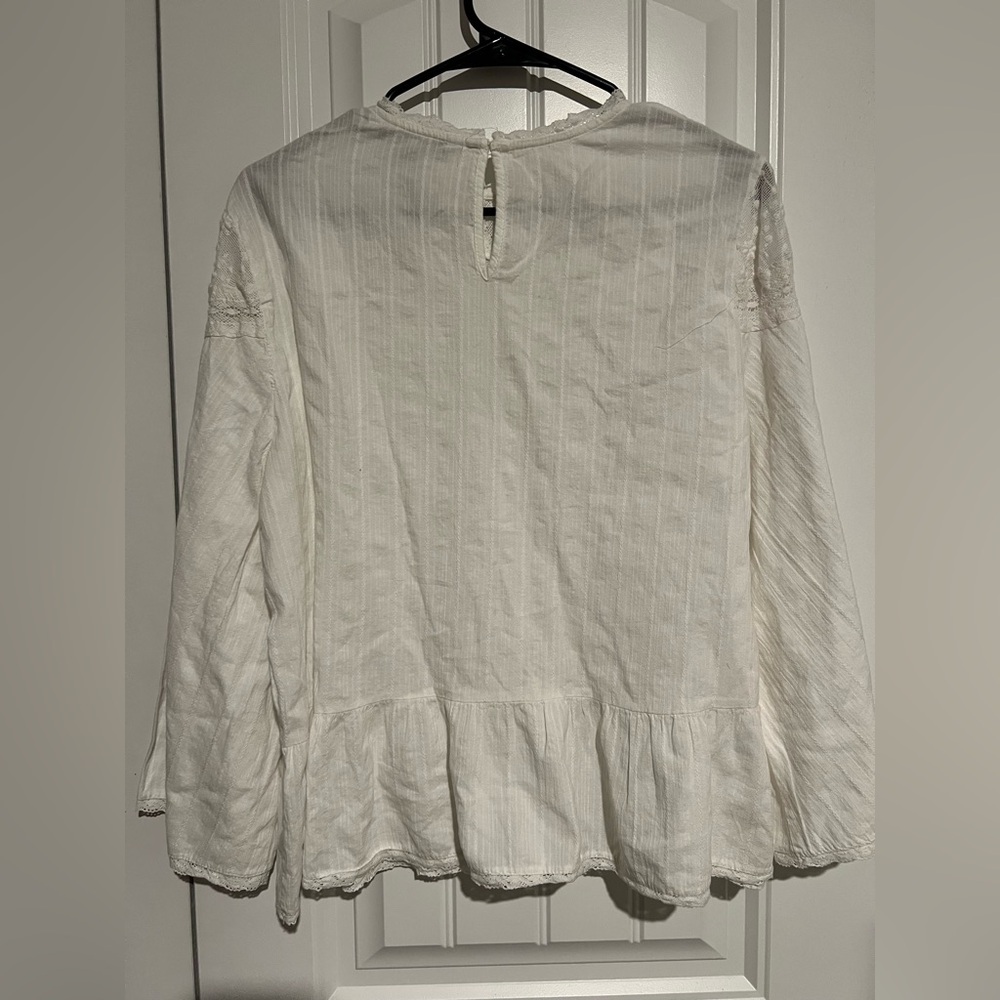 ZARA White Eyelet Lace Blouse | Long Sleeve Peplum Top | Size Large - Picture 6 of 7